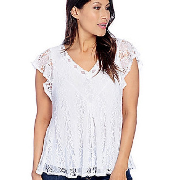 ONE WORLD Tops - One World Knit & Lace Flutter Sleeve Swing Top